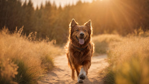 dog running in the park with poop bags made of recycled plastic materials